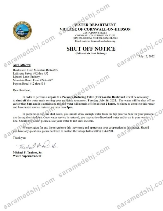 USA New York Cornwall-on-Hudson water utility bill shutoff notice, Word and PDF template